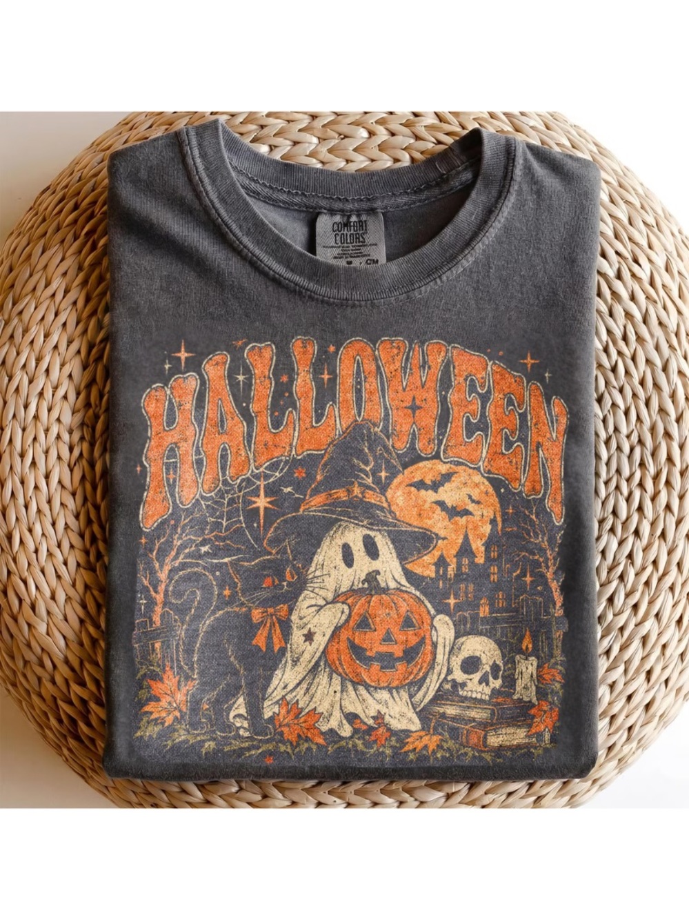 Comfort Colors Halloween Ghost & Pumpkin Graphic Tee - Black, Orange